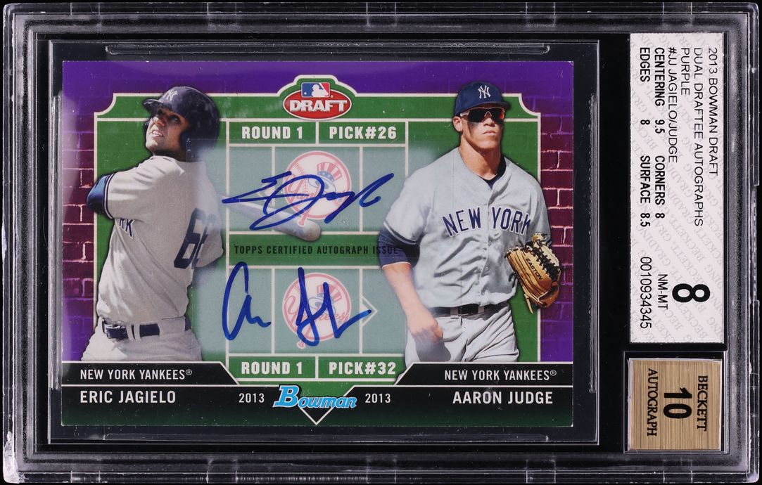 2013 Bowman Draft Dual Purple Eric Jagielo & Aaron Judge ROOKIE AUTO /10 #DD-JJ BGS 8 MM-MT+