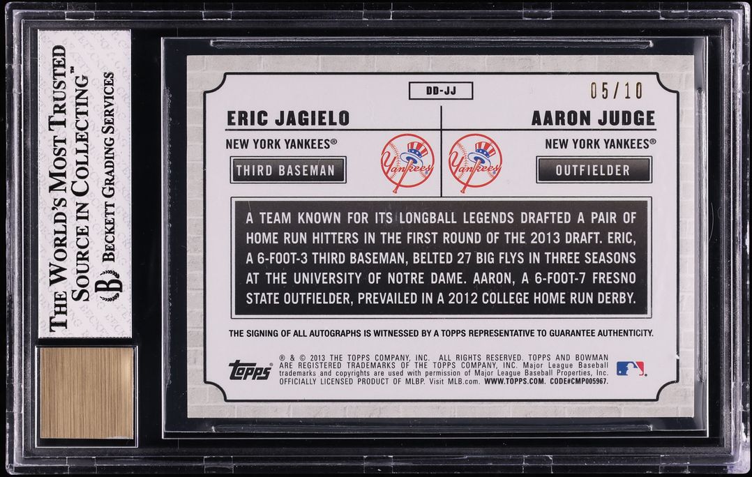 2013 Bowman Draft Dual Purple Eric Jagielo & Aaron Judge ROOKIE AUTO /10 #DD-JJ BGS 8 MM-MT+