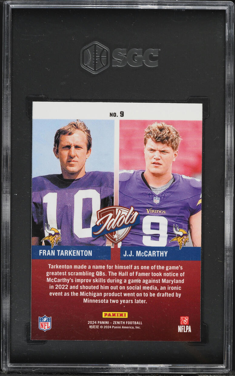 2024 Panini Zenith Idols Fran Tarkenton J.J. McCarthy ROOKIE #9 SGC 9 MINT