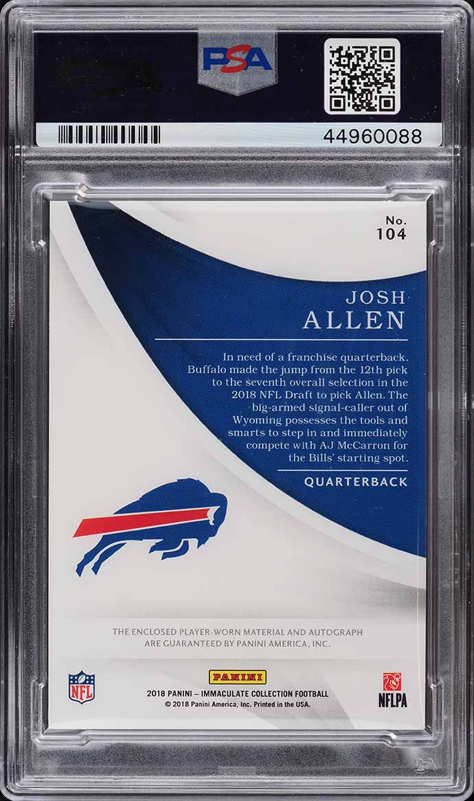 2018 Immaculate Collection NFL Shield Josh Allen ROOKIE PATCH AUTO 1/1 PSA 9