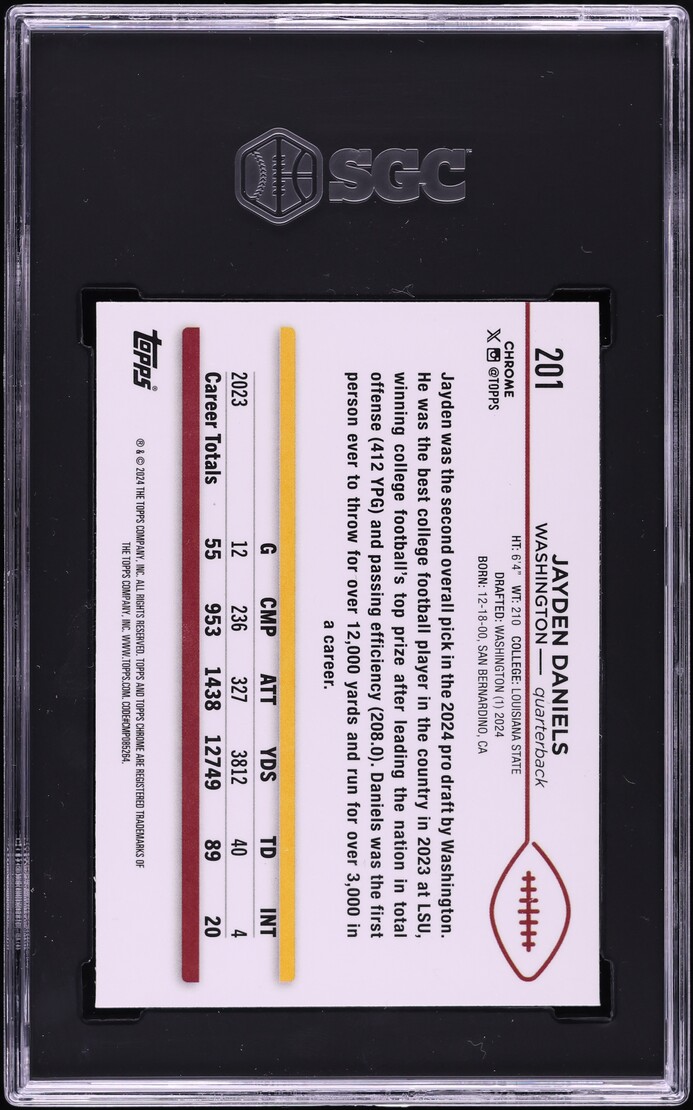 2024 Topps Chrome Pink Refractor Jayden Daniels ROOKIE #201 SGC 9 MINT