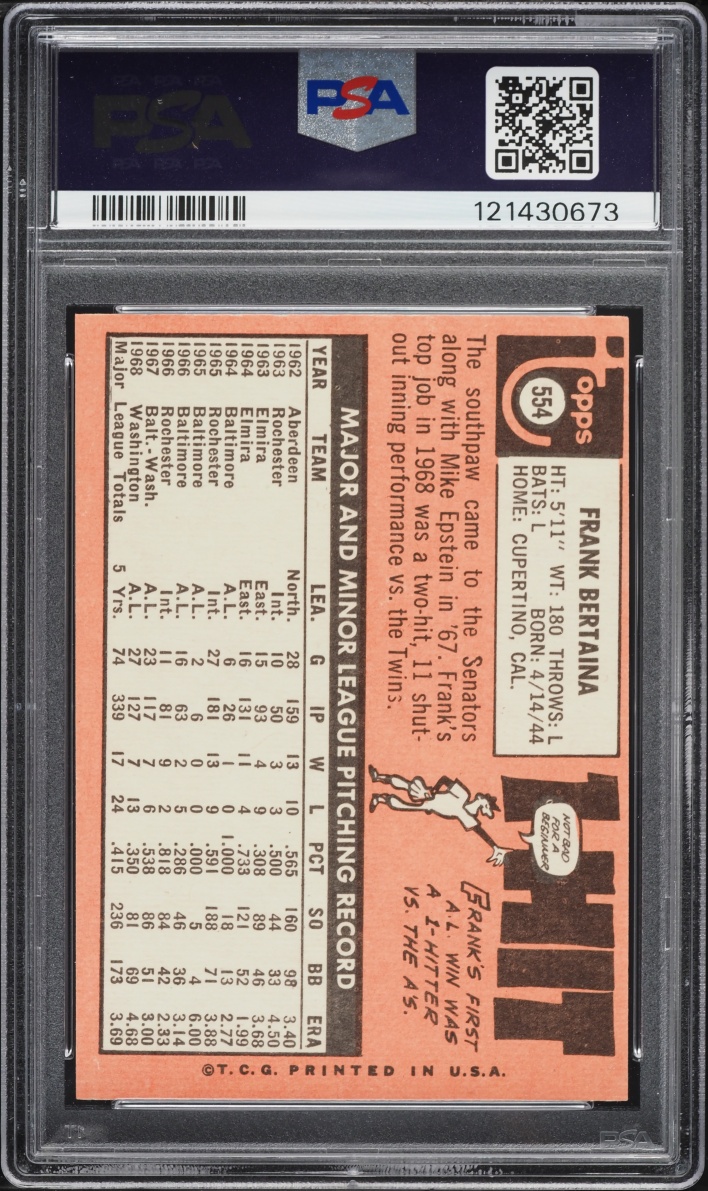1969 Topps Frank Bertaina #554 PSA 8(oc) NM-MT