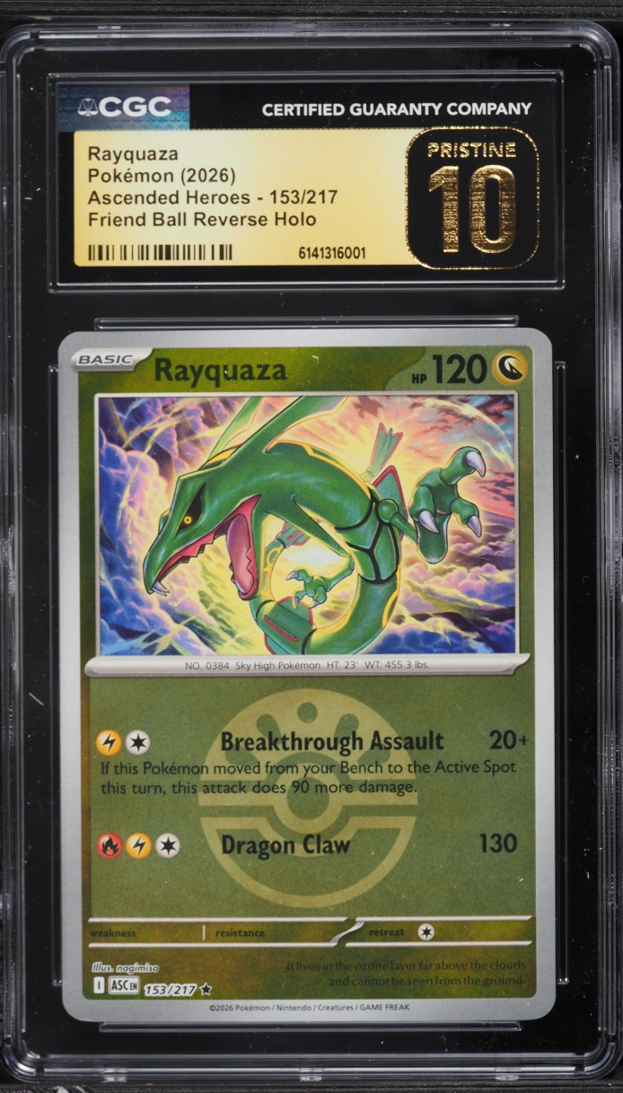 2026 Pokemon Mega Ascended Heroes Friend Ball Reverse Holo Rayquaza #153 CGC 10 PRISTINE