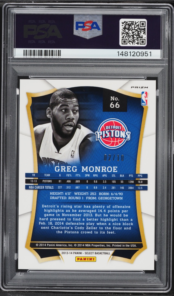 2013 Select Gold Prizm Greg Monroe /10 #66 PSA 10 GEM MINT