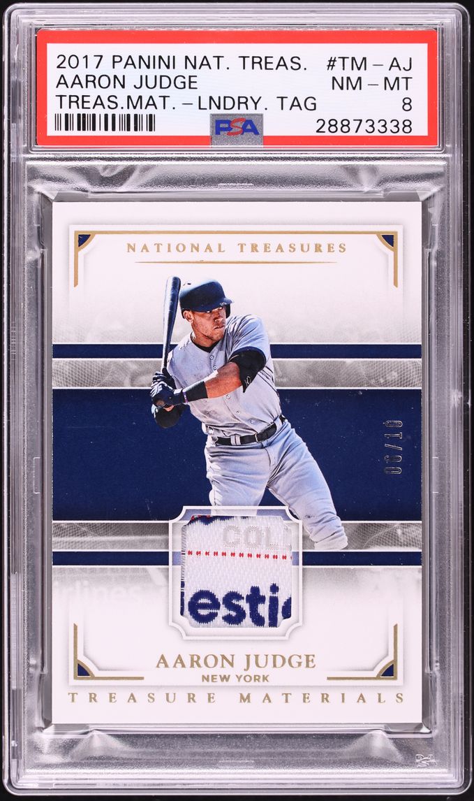 2017 National Treasures Laundry Tag Aaron Judge ROOKIE PATCH /10 #TM-AJ PSA 8 NM-MT