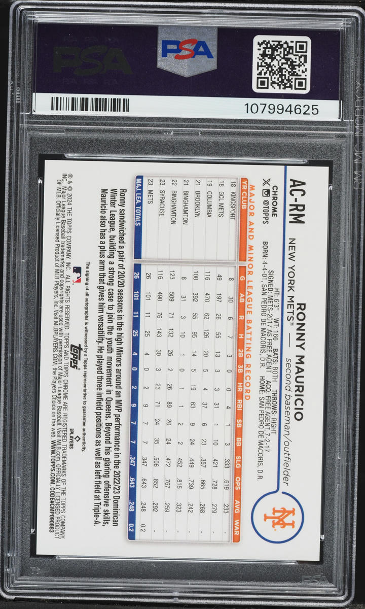 2024 Topps Chrome Update Blue Refractor Ronny Mauricio ROOKIE AUTO /150 #AC-RM PSA 10 GEM MINT