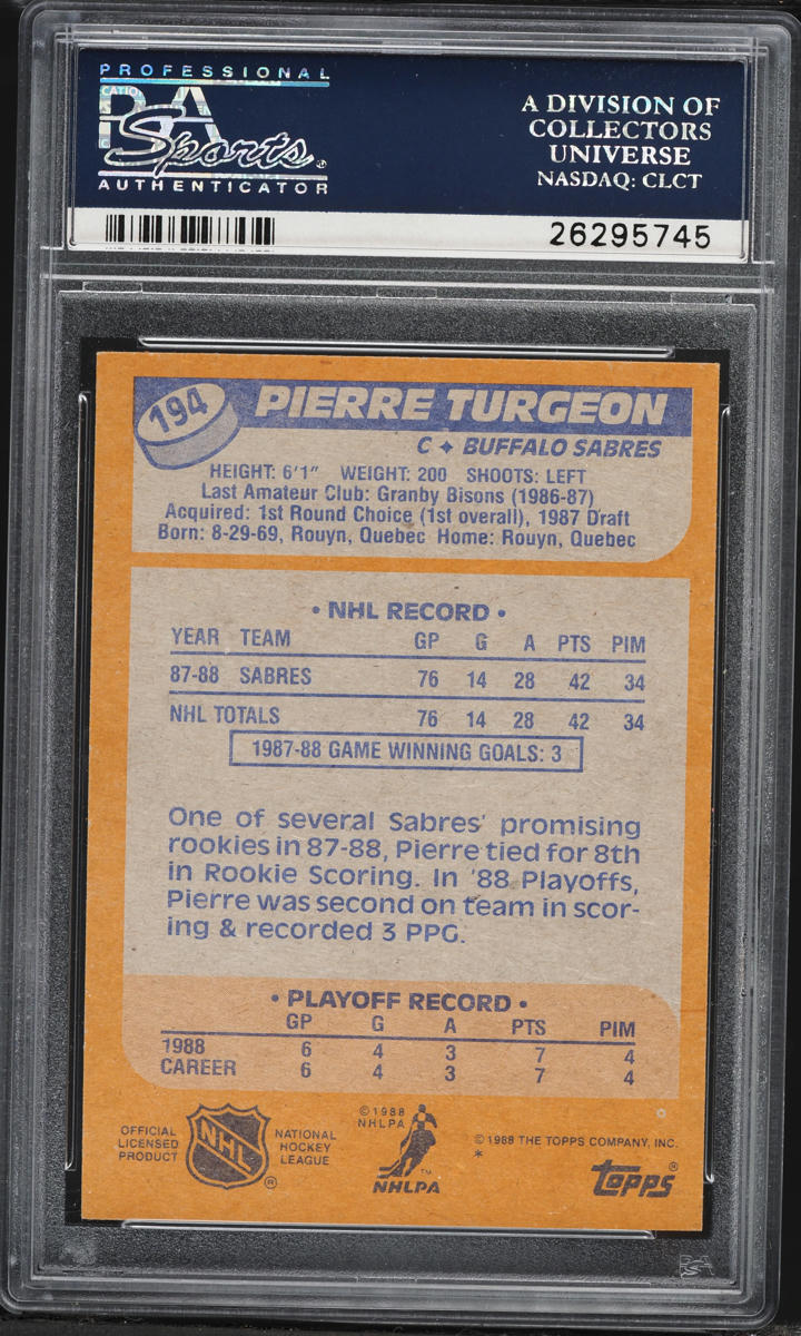 1988 Topps Hockey Pierre Turgeon ROOKIE #194 PSA 9 MINT