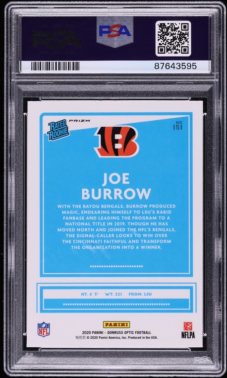 2020 Donruss Optic Purple Shock Joe Burrow ROOKIE #151 PSA 10 GEM MINT