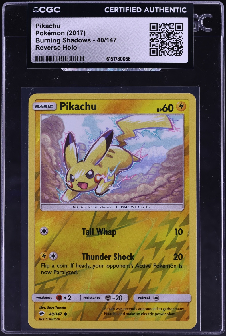 2017 Pokemon Sun & Moon Burning Shadows Reverse Holo Pikachu #40 CGC AUTH