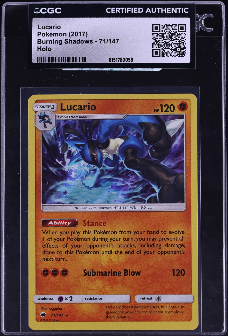 2017 Pokemon Sun & Moon Burning Shadows Holo Lucario #71 CGC AUTH