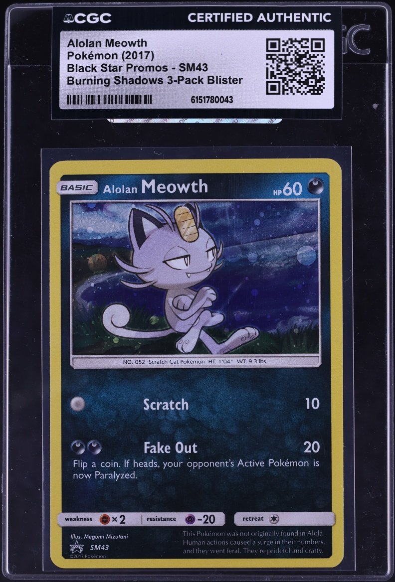 2017 Pokemon SM Black Star Promos Burning Shadows 3-Pack Blister Alolan Meowth #SM43 CGC AUTH
