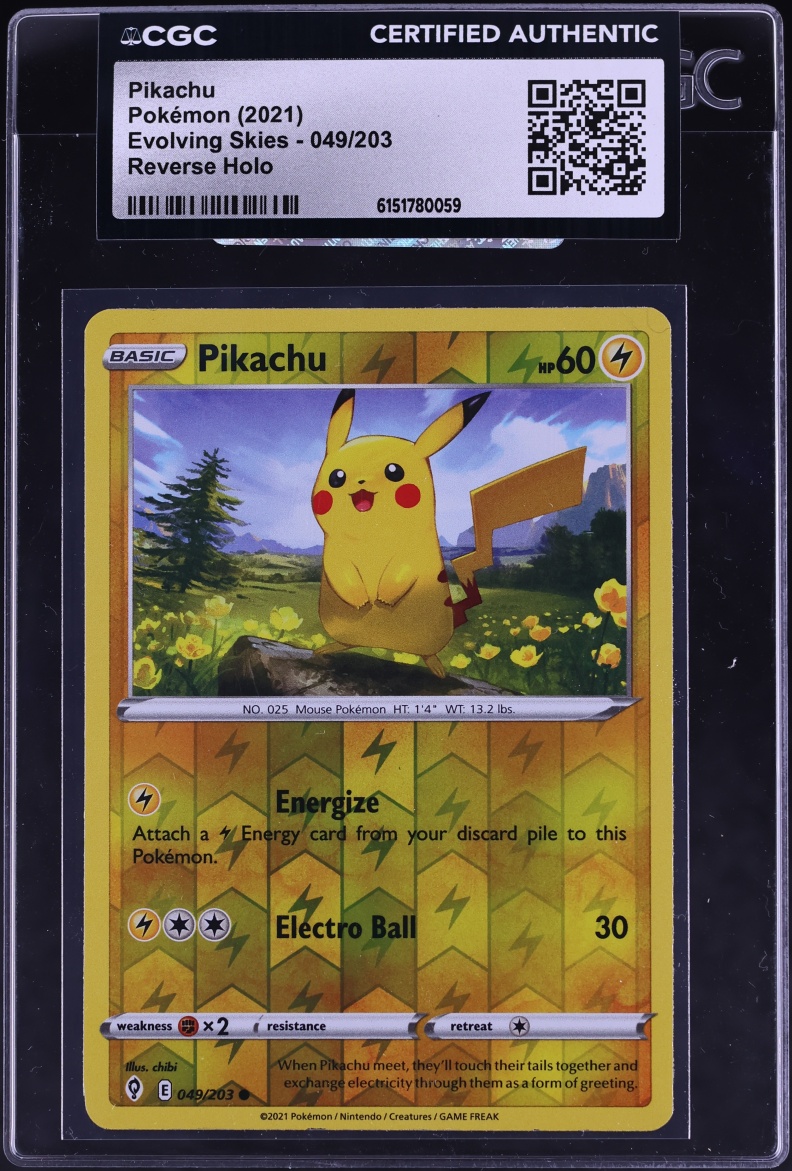 2021 Pokemon Sword & Shield Evolving Skies Reverse Holo Pikachu #49 CGC AUTH