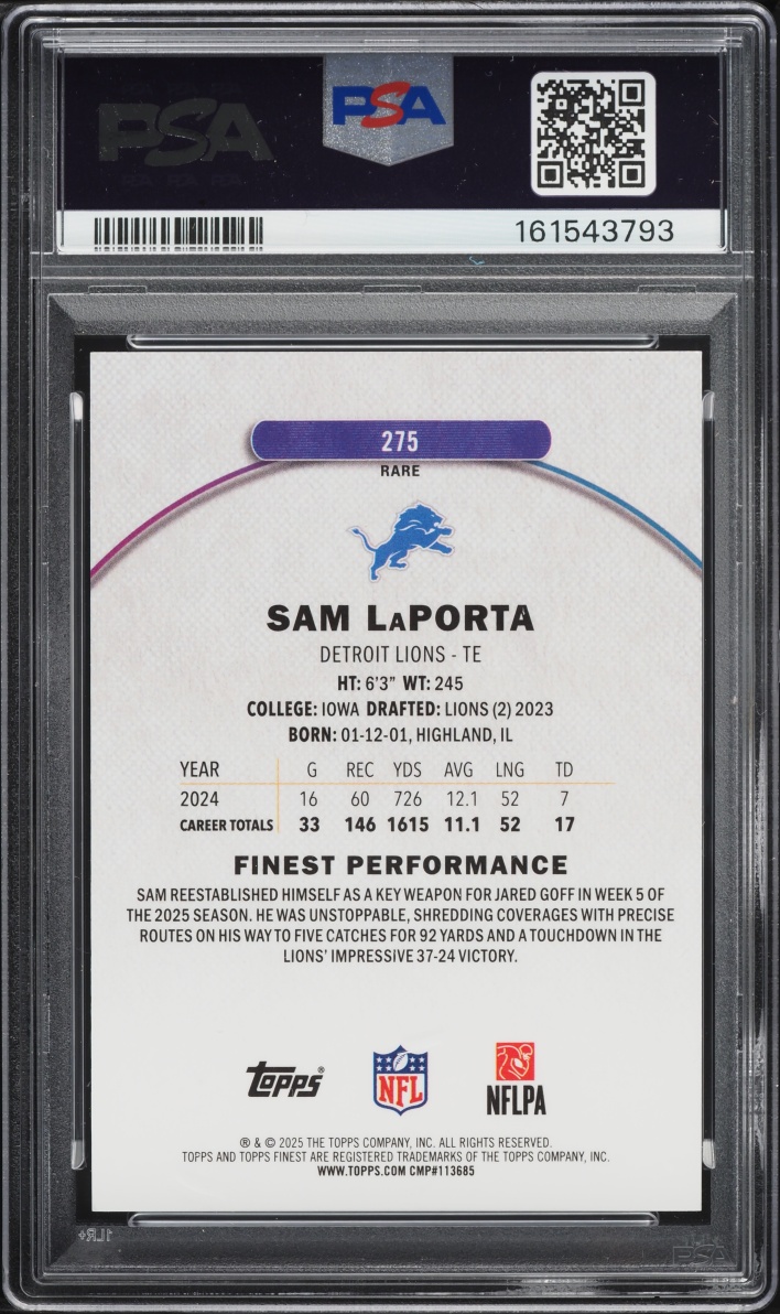 2025 Finest Orange Geometric Sam LaPorta /15 #275 PSA 8 NM-MT