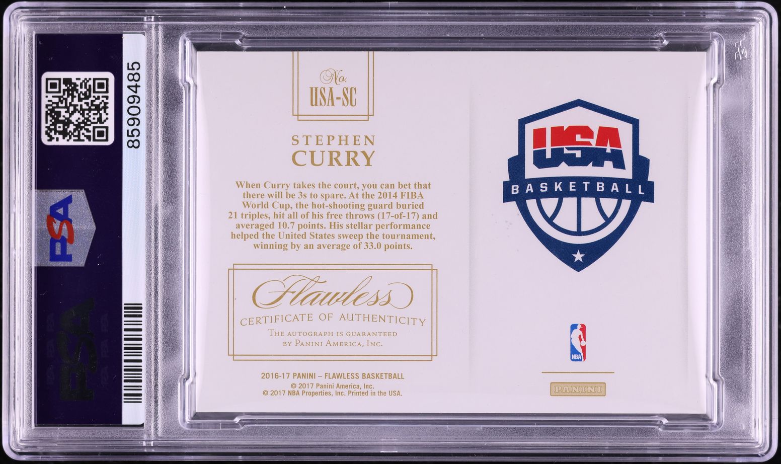 2016 Panini Flawless USA Basketball Silver Stephen Curry AUTO /20 #USA-SC PSA 9
