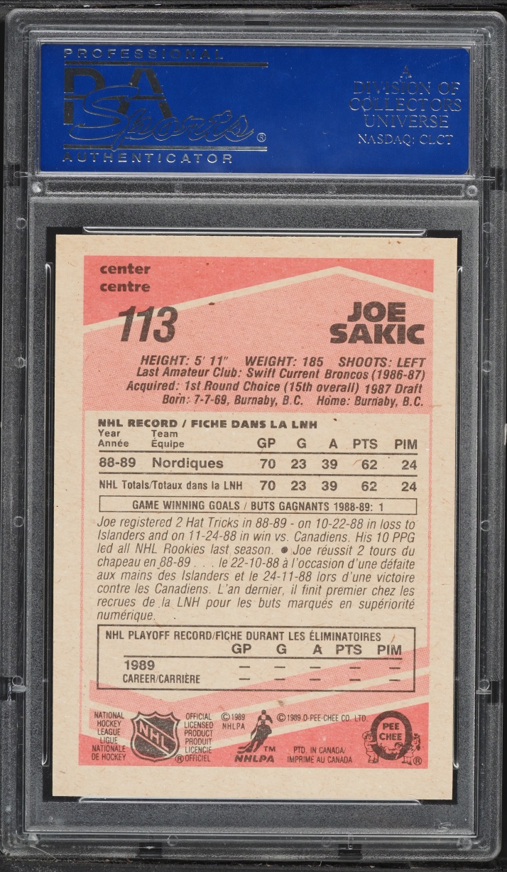 1989 O-Pee-Chee Hockey Joe Sakic ROOKIE #113 PSA 9 MINT