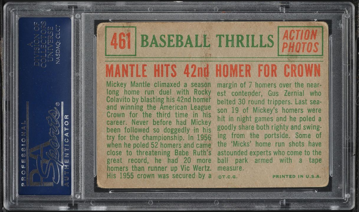 1959 Topps Mickey Mantle HITS 42ND HOMER FOR CROWN #461 PSA 1.5 FR
