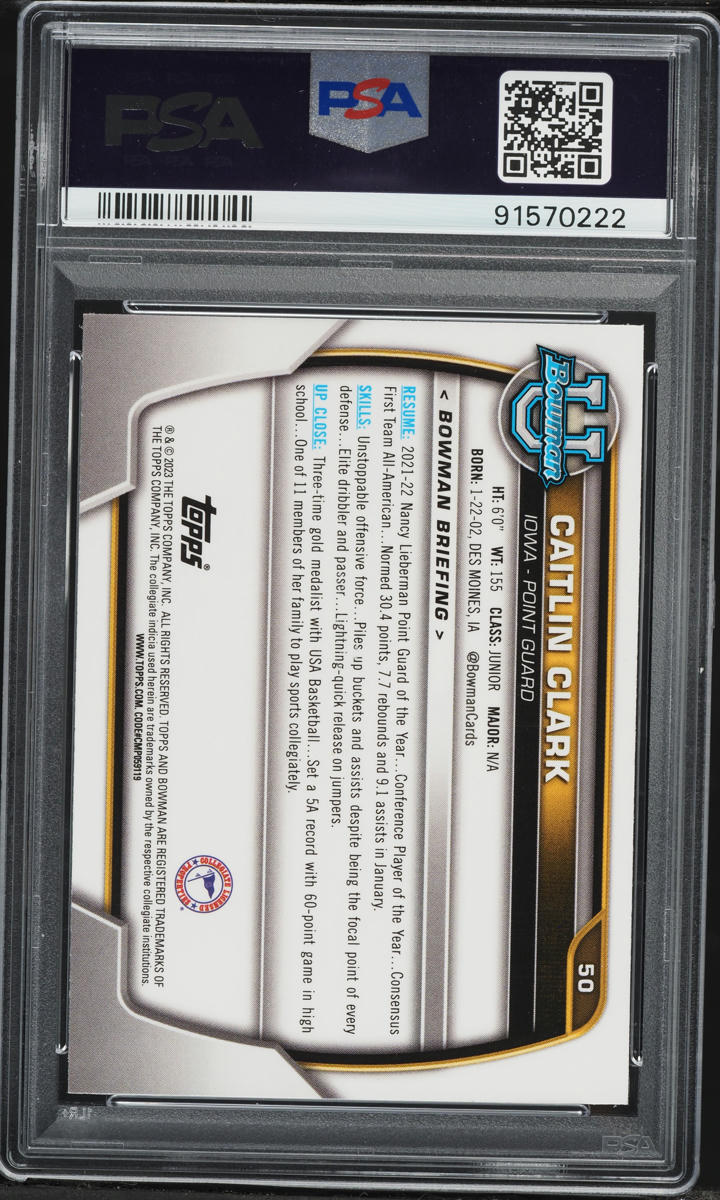 2022 Bowman Chrome University Shimmer Refractor Caitlin Clark ROOKIE #50 PSA 9