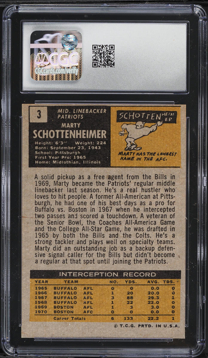 1971 Topps Football Marty Schottenheimer ROOKIE #3 CGC 7 NRMT