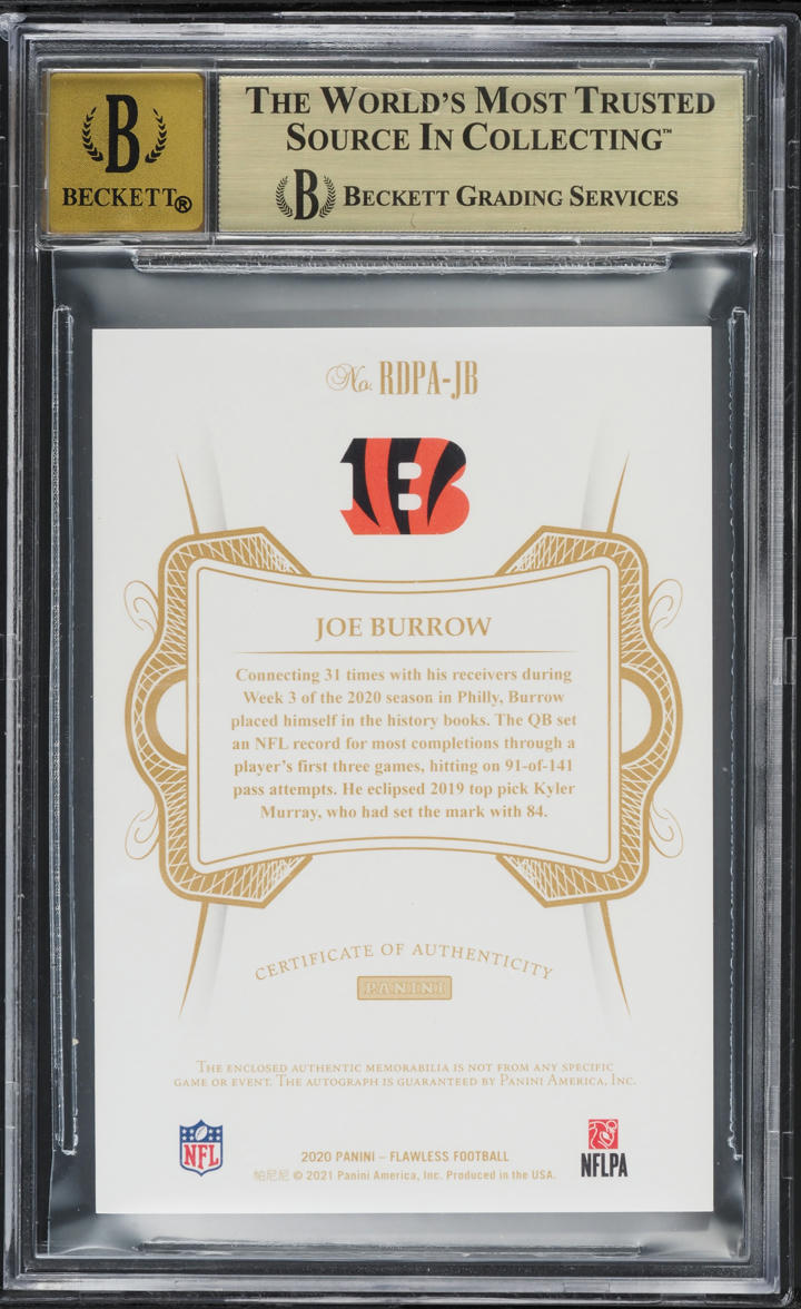 2020 Panini Flawless Ruby Joe Burrow ROOKIE PATCH AUTO /15 #RDPA-JB BGS 9.5 GEM