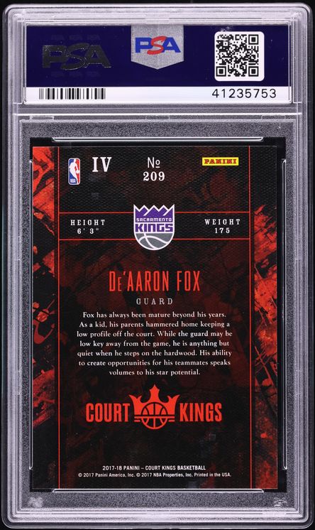 2017 Panini Court Kings De'Aaron Fox ROOKIE #209 PSA 10 GEM MINT - Photo 2