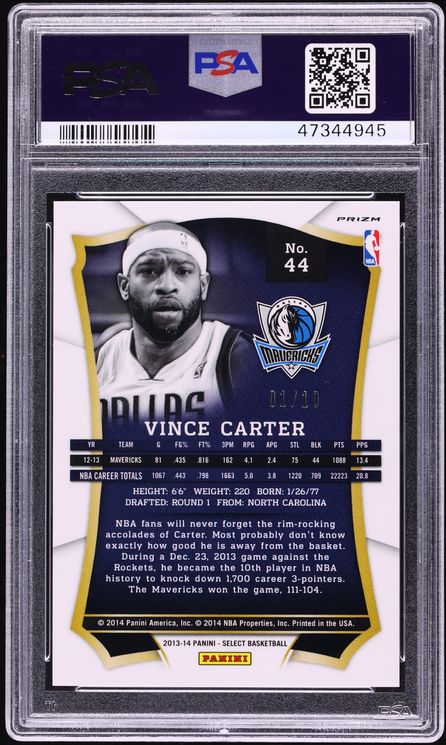2013 Select Gold Prizm Vince Carter 1/10 #44 PSA 10 GEM MINT - Photo 2