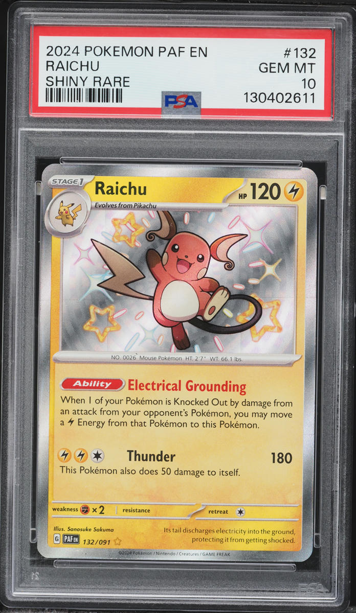 2024 Pokemon Scarlet & Violet Paldean Fates Shiny Rare Raichu #132 PSA 10 GEM MINT