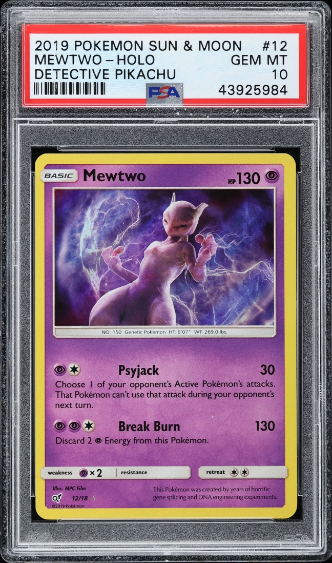 2019 Pokemon Sun & Moon Detective Pikachu Holo Mewtwo #12 PSA 10 GEM MINT