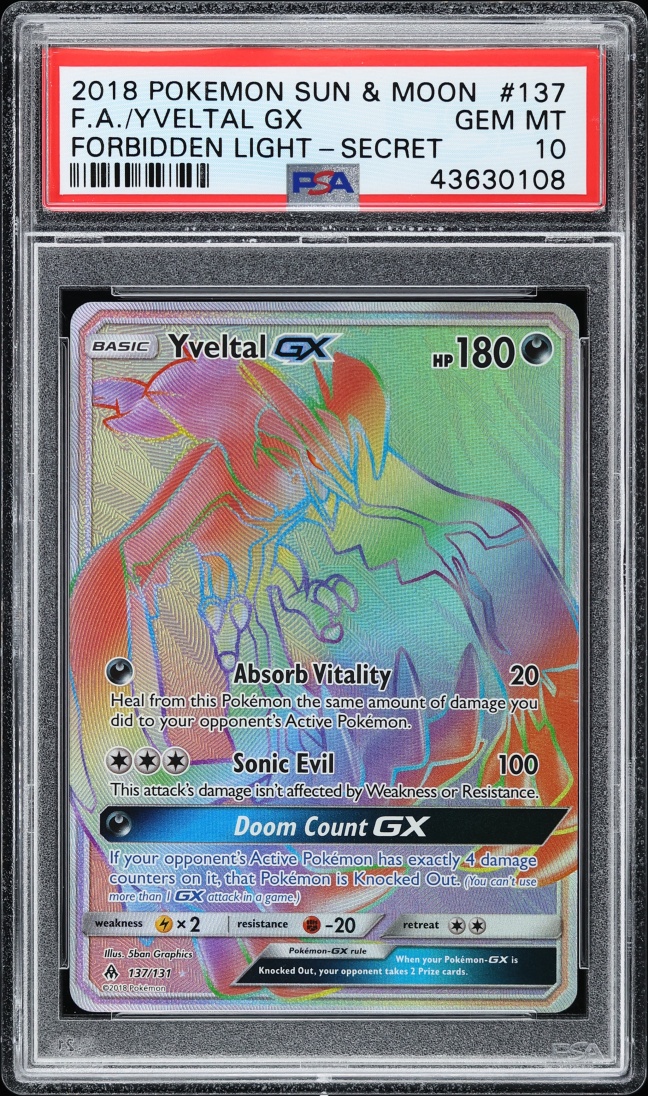 2018 Pokemon Sun & Moon Forbidden Light Rainbow Rare Yveltal GX #137 PSA 10 GEM MINT
