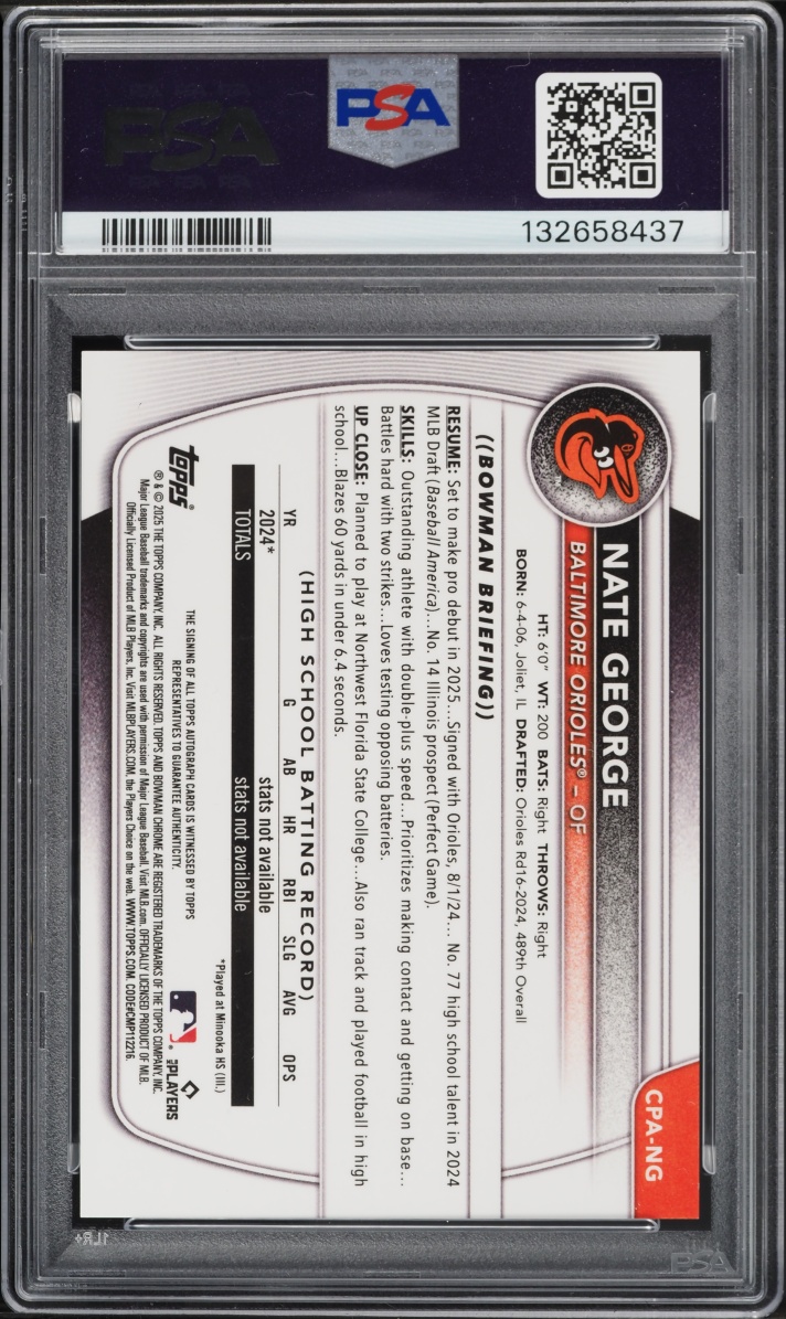 2025 Bowman Chrome Gold Refractor Nate George PROSPECT AUTO /50 #CPA-NG PSA 10 GEM MINT