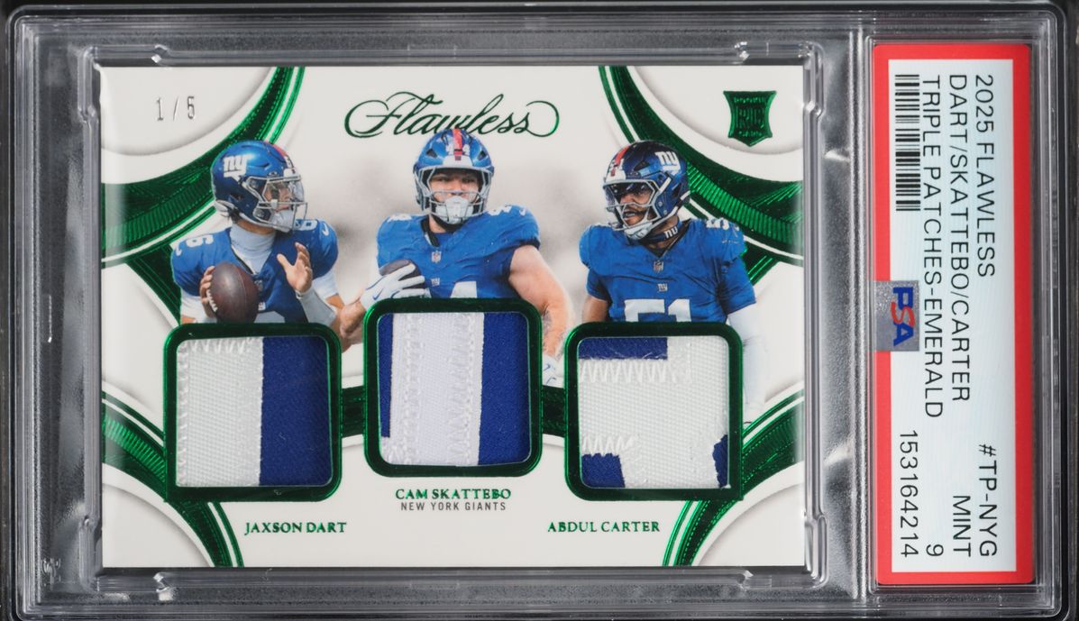 2025 Panini Flawless Triple Emerald Jaxson Dart Cam Skattebo Abdul Carter RC PATCH 1/5 PSA 9