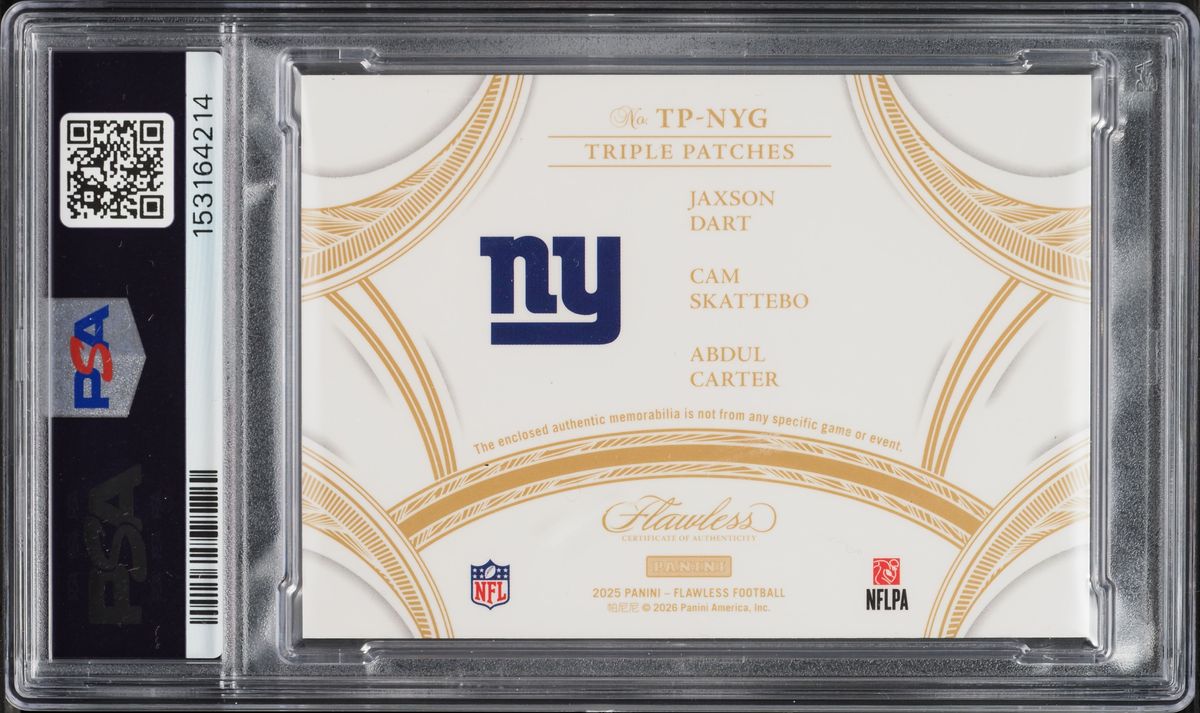 2025 Panini Flawless Triple Emerald Jaxson Dart Cam Skattebo Abdul Carter RC PATCH 1/5 PSA 9
