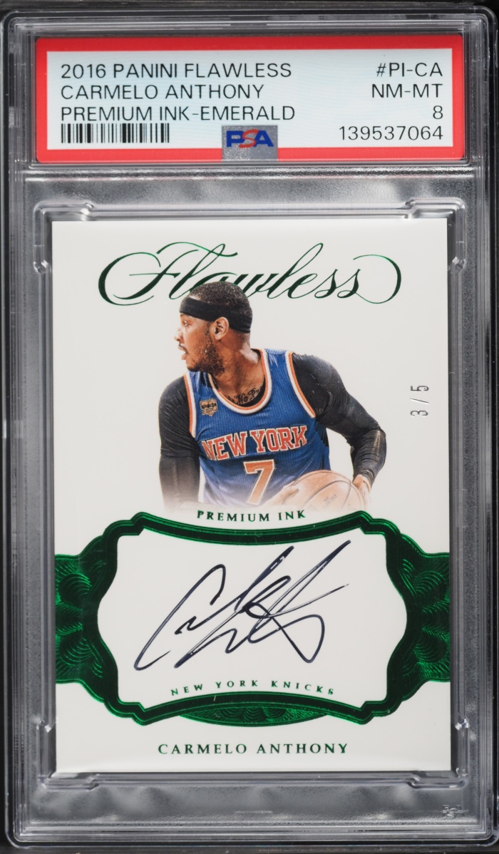 2016 Panini Flawless Premium Ink Emerald Carmelo Anthony AUTO /5 #PI-CA PSA 8 NM-MT