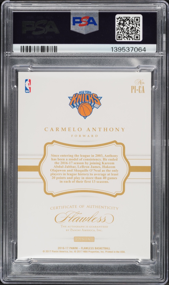 2016 Panini Flawless Premium Ink Emerald Carmelo Anthony AUTO /5 #PI-CA PSA 8 NM-MT