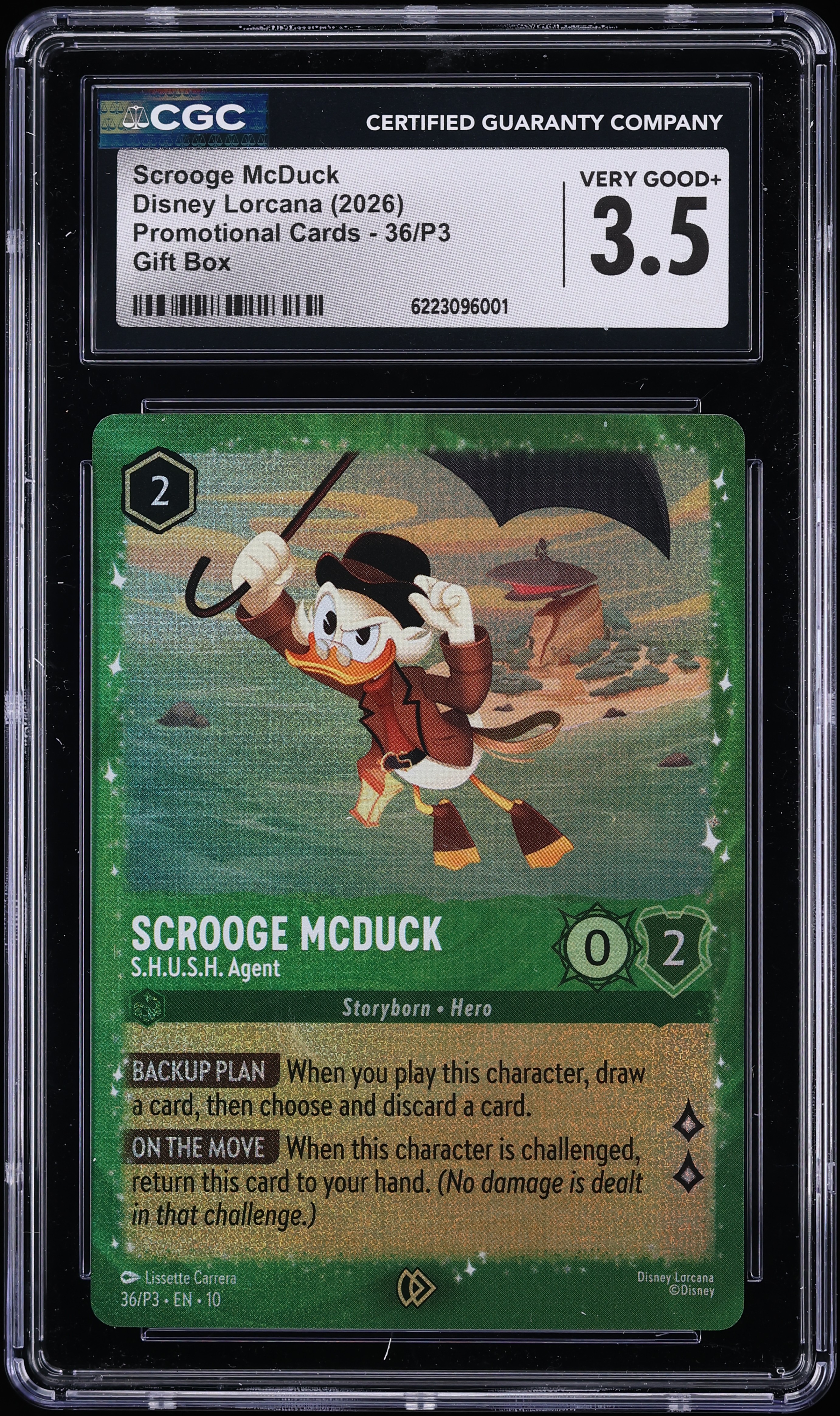 2026 Disney Lorcana Promo Gift Box Scrooge McDuck S.H.U.S.H. Agent #36 CGC 3.5 VG+