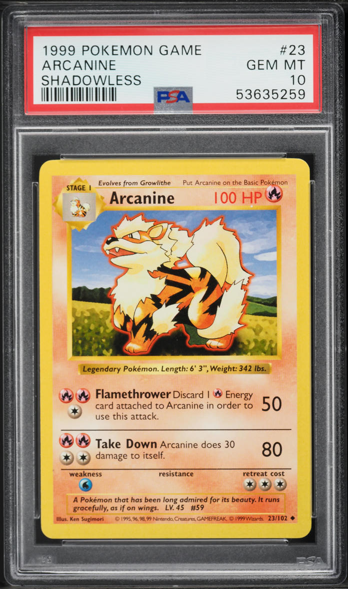 1999 Pokemon Base Set Shadowless Arcanine #23 PSA 10 GEM MINT