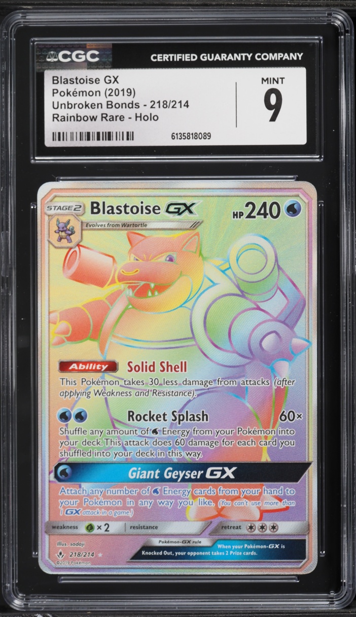 2019 Pokemon Sun & Moon Unbroken Bonds Rainbow Rare Blastoise GX #218 CGC 9 MINT