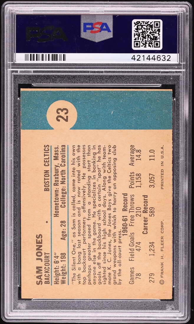 1961 Fleer Basketball Sam Jones ROOKIE #23 PSA 8 NM-MT