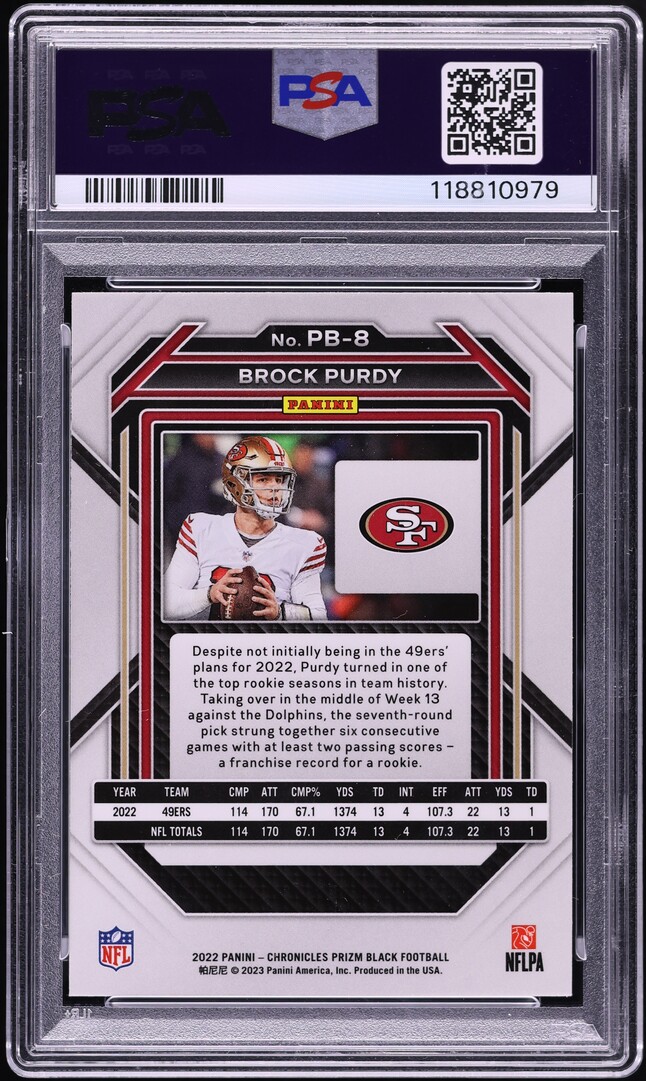 2022 Panini Chronicles Prizm Black Brock Purdy ROOKIE #PB-8 PSA 8 NM-MT