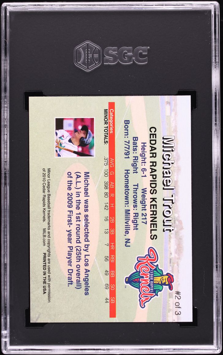2010 Team Issue Cedar Rapids Kernels Mike Trout ROOKIE #2 SGC 9.5 MINT+