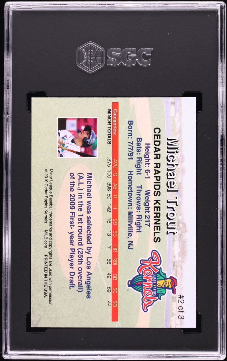 2010 Team Issue Cedar Rapids Kernels Mike Trout ROOKIE #2 SGC 9.5 MINT+
