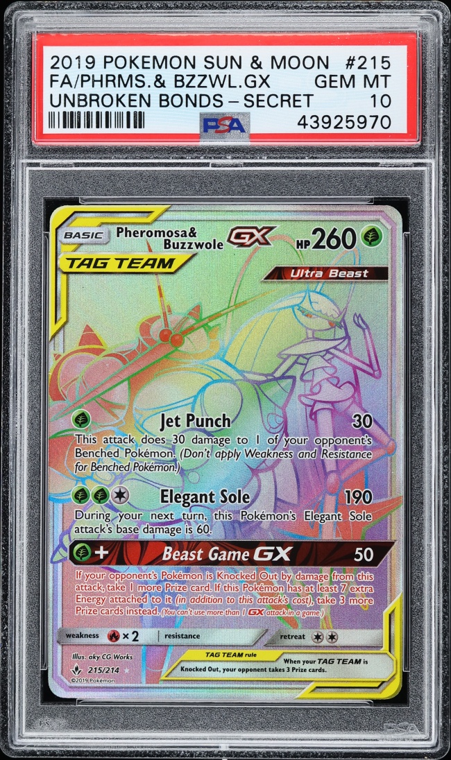2019 Pokemon SM Unbroken Bonds Rainbow Rare Pheromosa & Buzzwole GX #215 PSA 10 GEM MINT