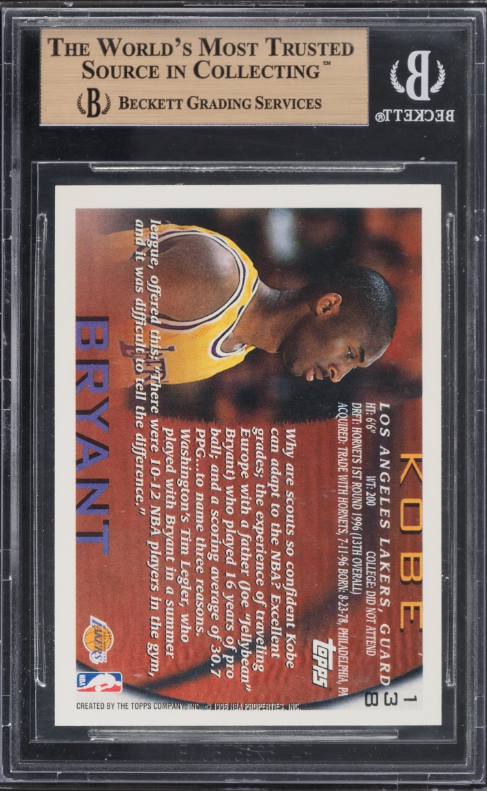 1996 Topps NBA 50th Kobe Bryant ROOKIE #138 BGS 9.5 GEM MINT - Photo 2