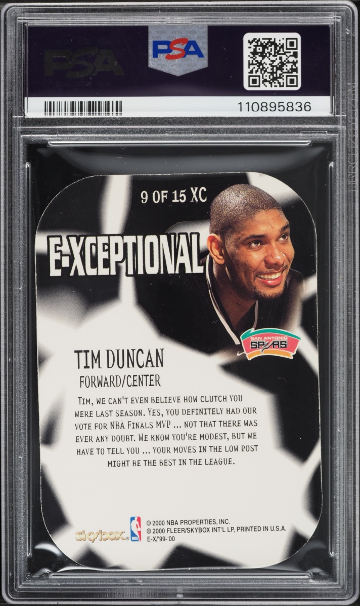 1999 Skybox E-X E-Xceptional Red Die-Cut Tim Duncan #9 PSA 9 MINT - Photo 2