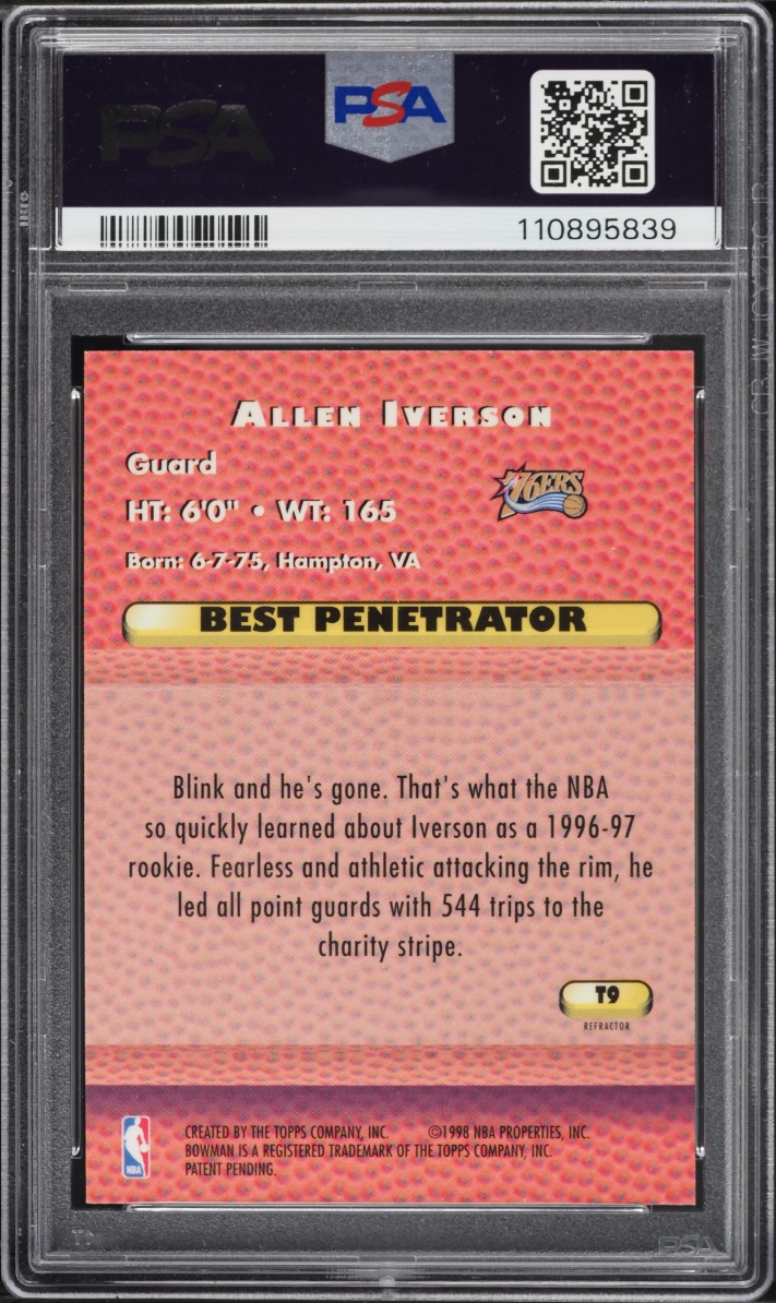 1997 Bowman's Best Techniques Refractor Allen Iverson #T9 PSA 7 NRMT - Photo 2