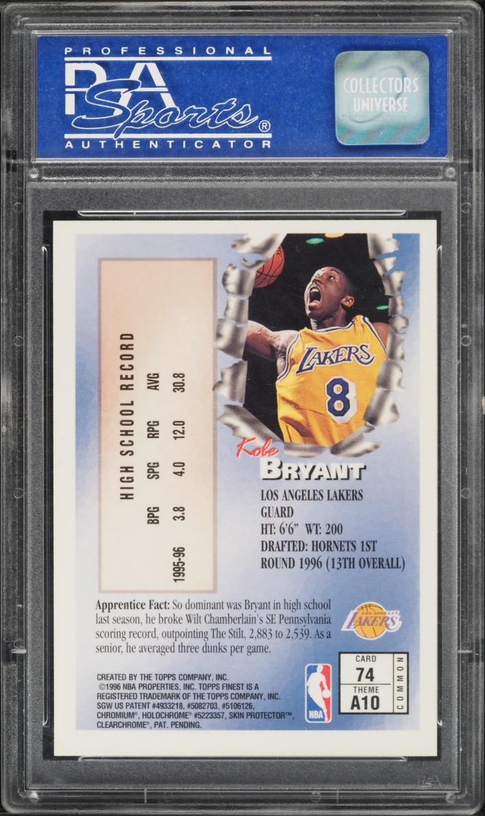 1996 Finest Basketball Kobe Bryant ROOKIE #74 PSA 10 GEM MINT - Photo 2