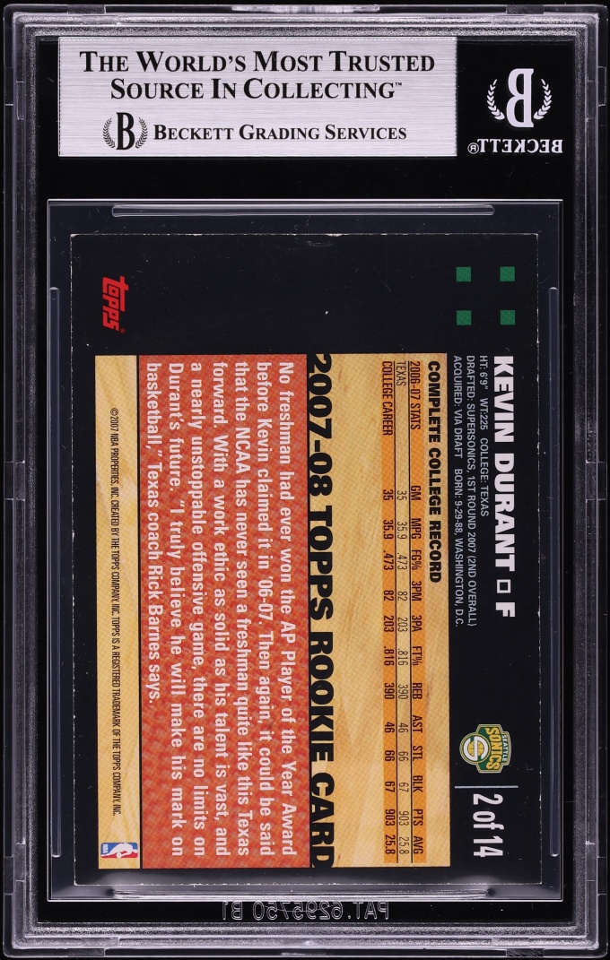 2007 Topps Orange Kevin Durant ROOKIE #2 BGS 6.5 EXMT+