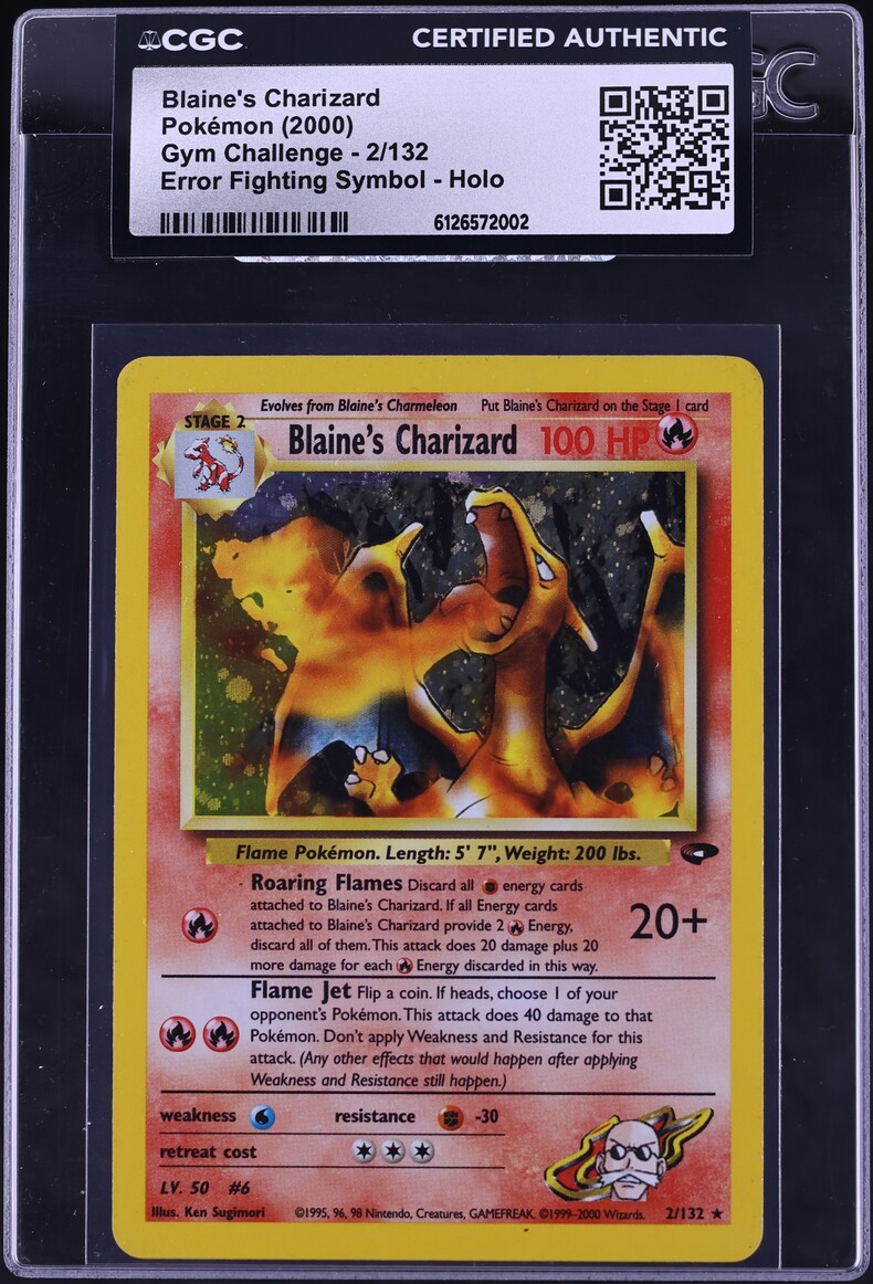 2000 Pokemon Gym Challenge Error Fighting Symbol Holo Blaine's Charizard #2 CGC AUTH