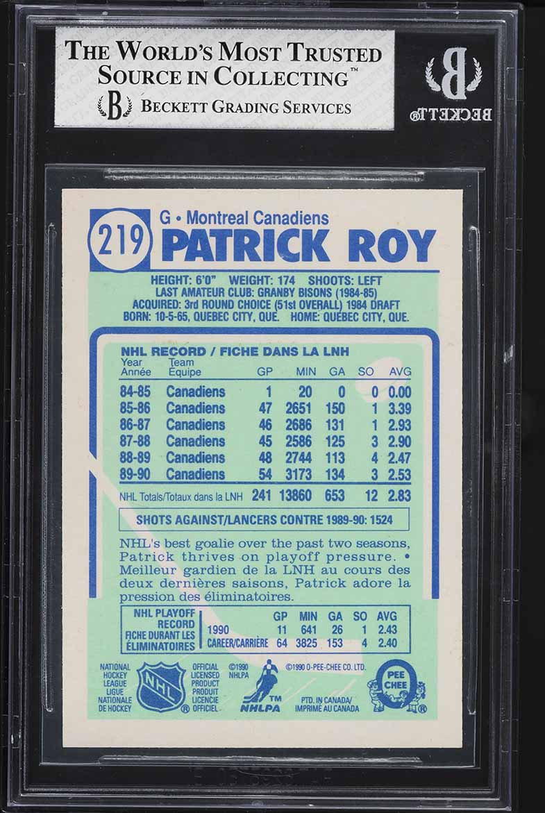 1990 O-Pee-Chee Hockey Patrick Roy #219 BGS 8 NM-MT
