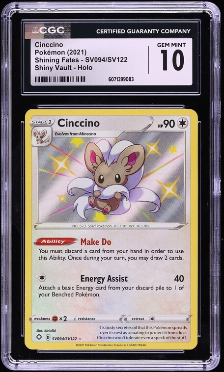2021 Pokemon Sword & Shield Shining Fates Shiny Cinccino #94 CGC 10 GEM MINT