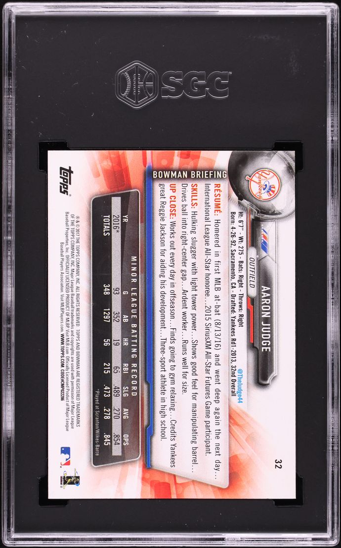 2017 Bowman Aaron Judge ROOKIE #32 SGC 8 NM-MT